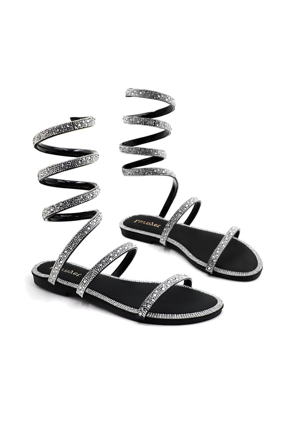 Women’s Rhinestone Flat Sandals, Sparkly Lace Up Ankle Wrap Sandals, Open Toe Dressy Summer Beach Sandals for Women