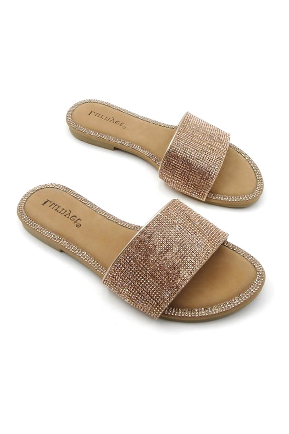 Women’s Rhinestone Slide Sandals Flat Open Toe Sandals One-Strap Slip-On Summer Slippers for Evenings, Travel, and Everyday Outfits