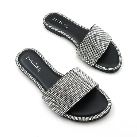 GJPBGK Women’s Rhinestone Slide Sandals Flat Open Toe Sandals One-Strap Slip-On Summer Slippers for Evenings, Travel, and Everyday Outfits