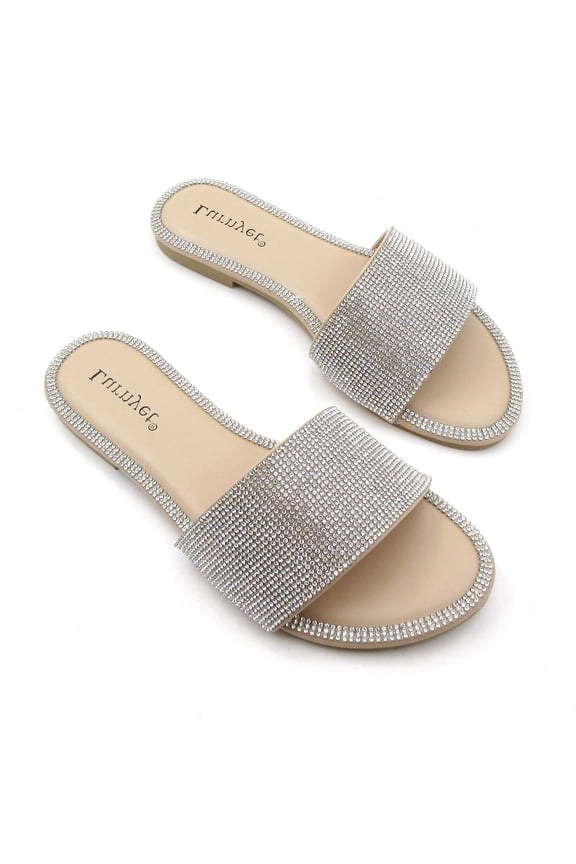 Women’s Rhinestone Slide Sandals Flat Open Toe Sandals One-Strap Slip-On Summer Slippers for Evenings, Travel, and Everyday Outfits