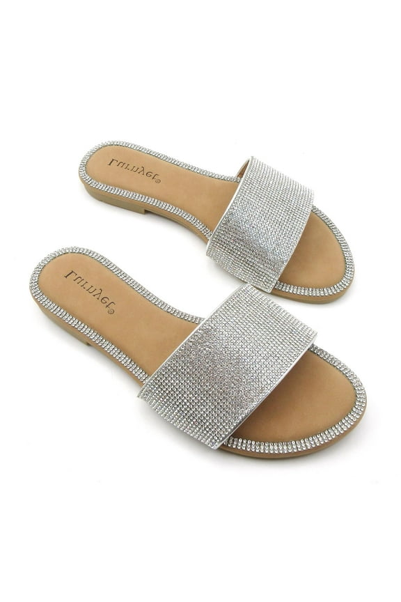 Women’s Rhinestone Slide Sandals Flat Open Toe Sandals One-Strap Slip-On Summer Slippers for Evenings, Travel, and Everyday Outfits