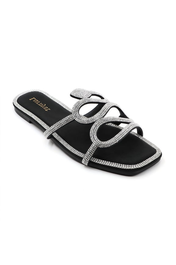 Women's Rhinestone Slide Sandals Sparkly Flat Open Toe Sandals for Daily Wear, Wedding, Party, Travel & Vacation Comfortable Summer Slip-On Shoes