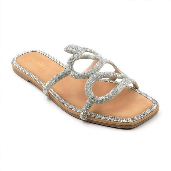GJPBGK Women's Rhinestone Slide Sandals Sparkly Flat Open Toe Sandals for Daily Wear, Wedding, Party, Travel & Vacation Comfortable Summer Slip-On Shoes