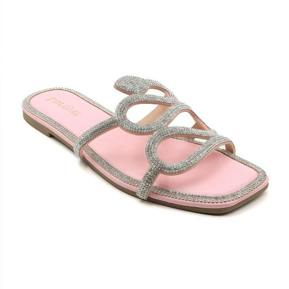 GJPBGK Women's Rhinestone Slide Sandals Sparkly Flat Open Toe Sandals for Daily Wear, Wedding, Party, Travel & Vacation Comfortable Summer Slip-On Shoes