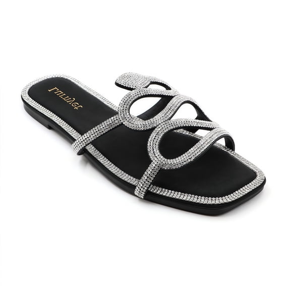 GJPBGK Women's Rhinestone Slide Sandals Sparkly Flat Open Toe Sandals for Daily Wear, Wedding, Party, Travel & Vacation Comfortable Summer Slip-On Shoes