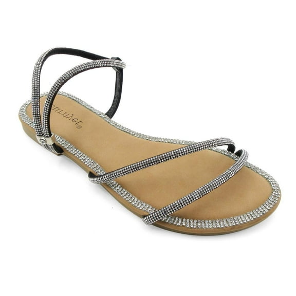 GJPBGK Women's Sparkly Slide Sandals with Rhinestones, Flat Open Toe Dress Shoes for Summer Party, Glitter Slip-On Sandals