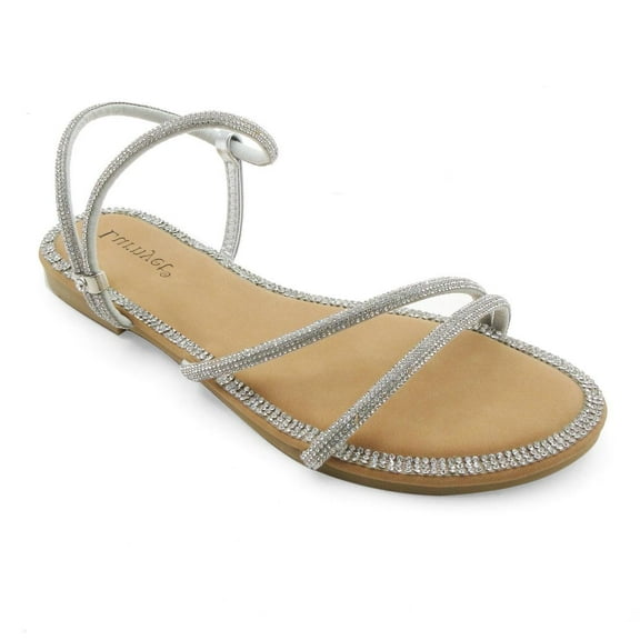 GJPBGK Women's Sparkly Slide Sandals with Rhinestones, Flat Open Toe Dress Shoes for Summer Party, Glitter Slip-On Sandals