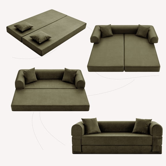 GJQ 29.5" W Convertible Sofa Bed, 5-in-1 Faux Leather Folding Pull Out Couch with Pillows, No Assembly Modern Boneless Couch, Floor Sofa with Side Storage Pocket for Living Room(Green)