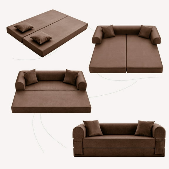 GJQ 29.5" W Convertible Sofa Bed, 5-in-1 Faux Leather Folding Pull Out Couch with Pillows, No Assembly Modern Boneless Couch, Floor Sofa with Side Storage Pocket for Living Room(Brown)