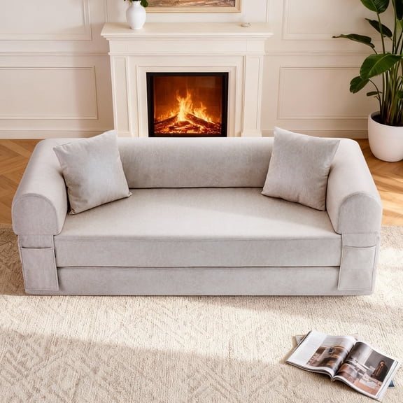 GJQ 29.5" W Convertible Sofa Bed, 5-in-1 Faux Leather Folding Pull Out Couch with Pillows, No Assembly Modern Boneless Couch, Floor Sofa with Side Storage Pocket for Living Room(Beige)