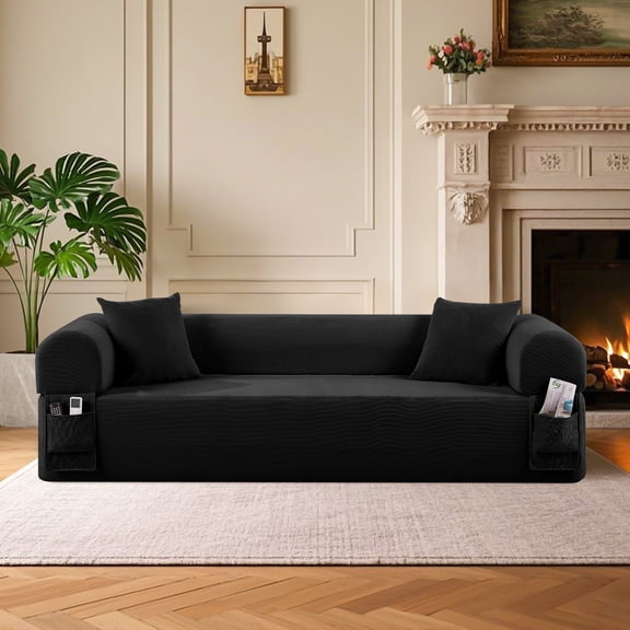 GJQ 3-Seater Floor Sofa Couch with 2 Pillows, for Living Room, Bedroom, Apartment(Corduroy,BLACK)