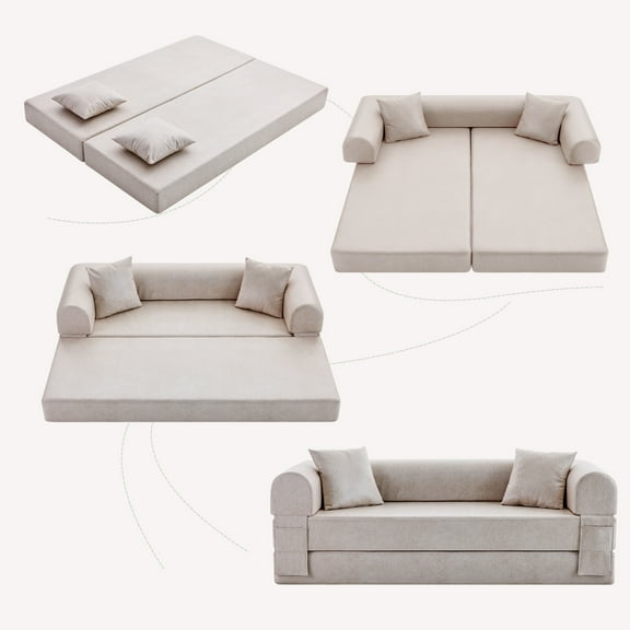 GJQ 35.4" W Convertible Sofa Bed, 5-in-1 Faux Leather Folding Pull Out Couch with Pillows, No Assembly Modern Boneless Couch, Floor Sofa with Side Storage Pocket for Living Room(Beige)