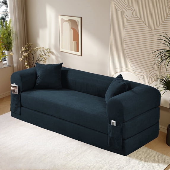GJQ 30" Convertible Couch Bed Folding Loveseat Sleeper Sofa 3-Seater with 2 Pillows, for Living Room/Office /Flat(Navy Blue)