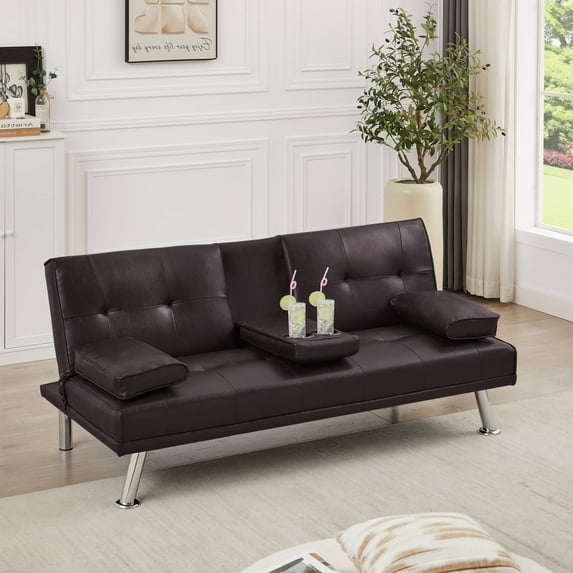 GJQ Convertible Faux Leather Futon Sofa Bed , Modern Folding Sofa Couch for Living Room, for Adult(Coffee)