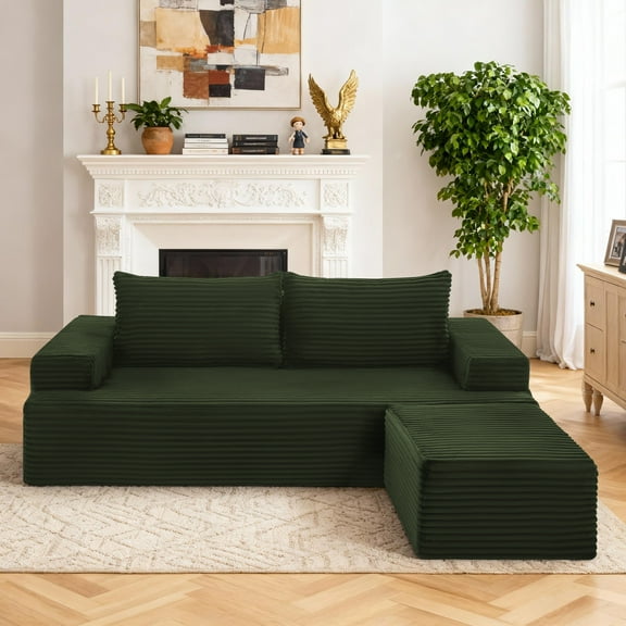 GJQ Modern L-Shaped Modular Sectional Sofa for Living Room, Couch with Deep Seat and Movable Ottoman,No Assembly,(Corduroy,Light Green)