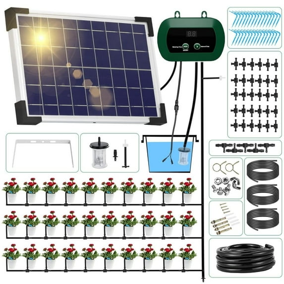 GJSP 5W Solar Drip Irrigation System with Timer Auto Watering Kit for Garden Raised Beds Patio Lawn Greenhouse Up to 30 Plants