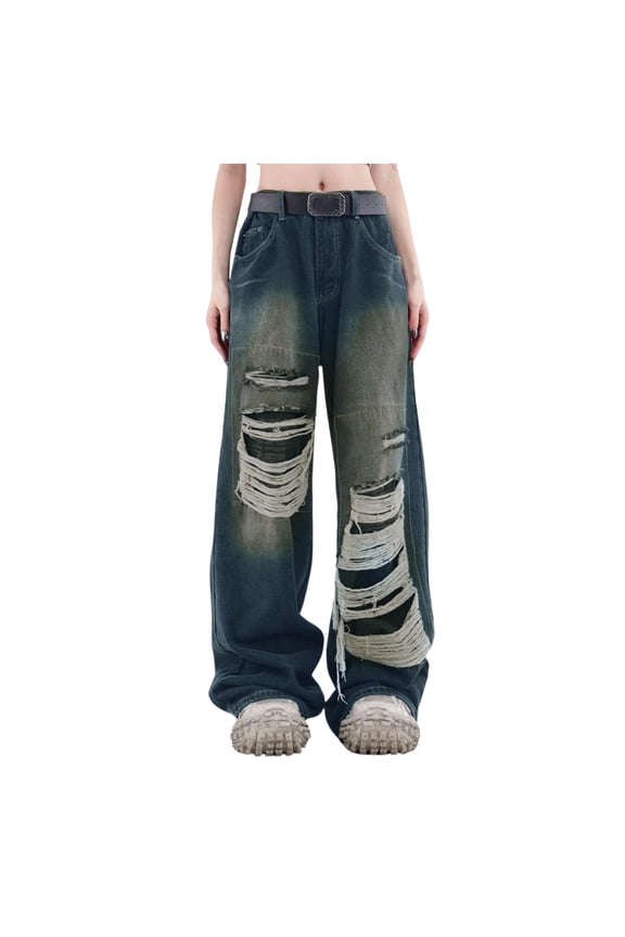 Baggy Jeans for Woman Men Ripped High Waisted Wide Leg Pants Distressed Jean Y2K Grunge Summer Clothes