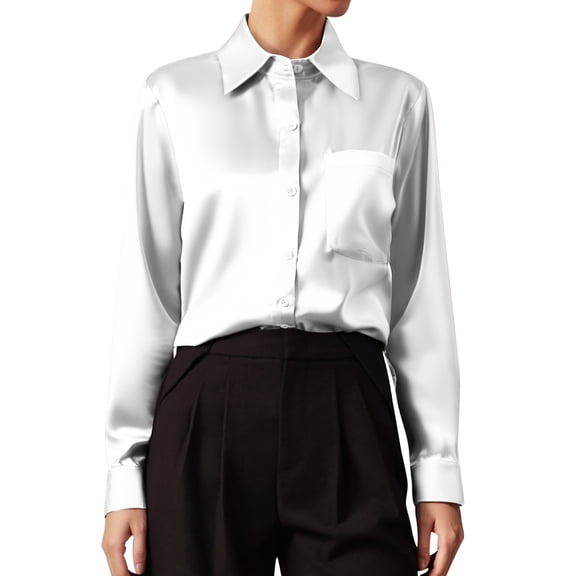 GJSYRH Elegant V Neck Satin Blouse for Women Long Sleeve Button Down Shirt Business Casual Tops Lightweight Comfortable Wear