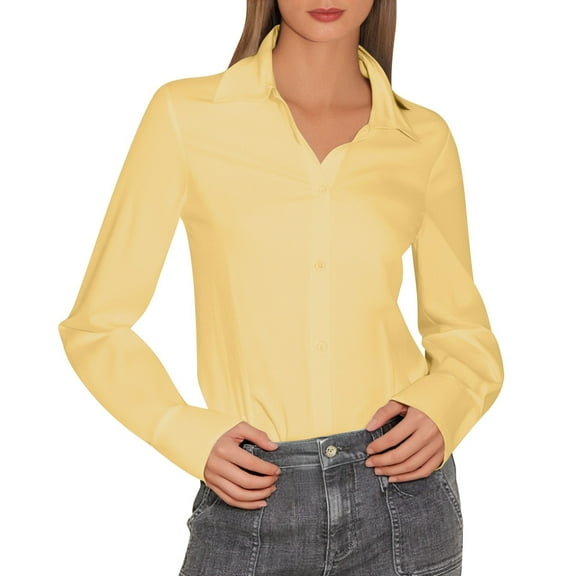 GJSYRH Elegant Women's Lapel Long Sleeve Linen Button Down Shirt for a Sleek and Everyday Comfortable Style