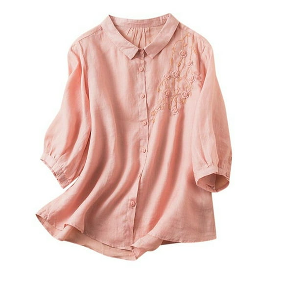GJSYRH Embroidered Blouse for Women Soft Flowy Mid Length Sleeve Casual Comfort Top with Decorative Button Front Elegant Design
