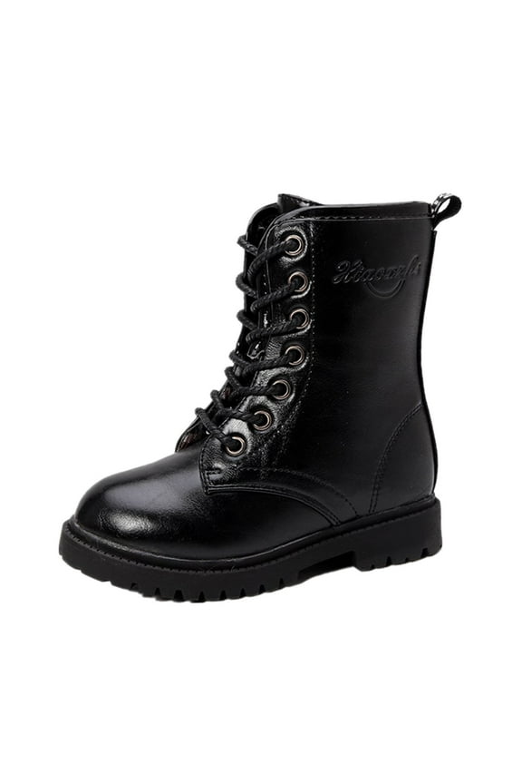 Gilrs Combat Boots Lace Up Ankle Booties Black Leather Combat Boots Punk Goth Riding Boot BK1 5.5-6 Years