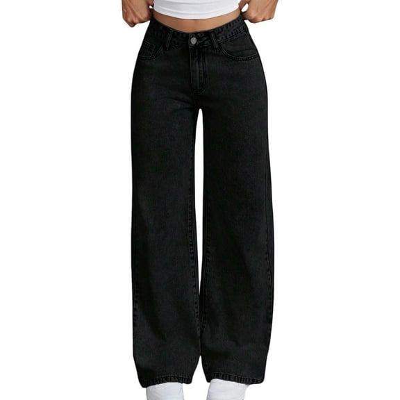 GJSYRH Girls Baggy Jeans High Waisted Flared Denim Pants For Teen Girls Embroidered Back Pockets Distressed Wide Leg Casual Jeans Black 15-16 Years