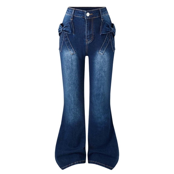 GJSYRH Girls Bell Bottom Jeans Stretch Flared Denim Pants For Teen Girls Featuring An Elegant 3D Bow Design Comfortable Trousers Blue 9-10 Years