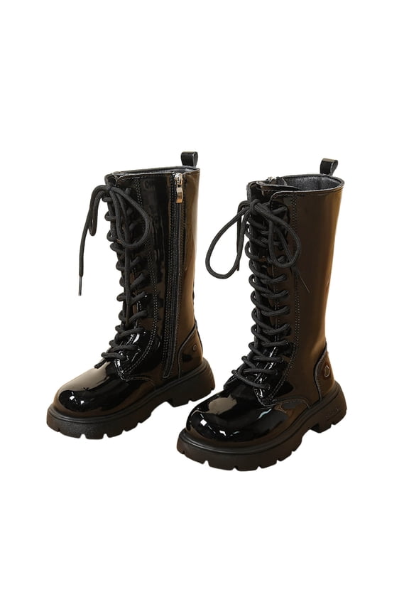 Girls Boots Knee High Zip up Lace up Combat Boots 2025 Pop Fashion Leather School Boots Punk Goth White Booties Black 8-9 Years