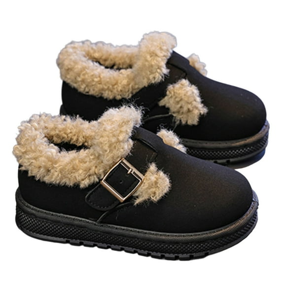 GJSYRH Girls Boots -on Slippers with PU Leather, Rubber Soles, Fluffy Lining, Outdoor Indoor House Winter Shoes Black 3-4 Years