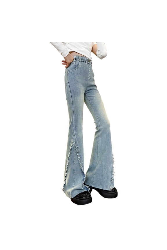 Girls Flare Jeans Basic Bootcut Denim Pants Elastic Waist Skinny Streetwear Slim Fit Long Trousers with Distressed Hem Bootcut Design Comfortable Casual Trousers Blue 12-13 Years