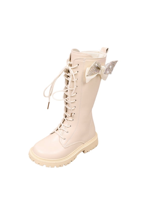 Girls Knee Length Boots PU Leather Zipper Punk Goth Boot Fall Winter Cute Bowknot Lace-Up High Combat Boots Little Kids White 7-8 Years