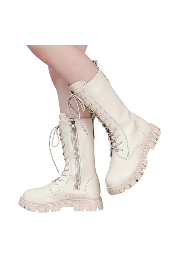 Girls Lace Up Mid Calf Combat Boots Fashion Round Toe Side Zipper Lug Sole Punk Goth Boot For Toddler Little Kid Big Kid White 10.5-11 Years