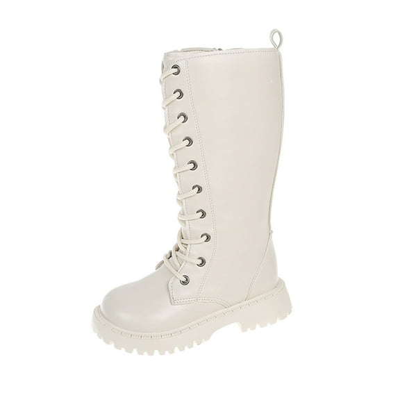 GJSYRH Girls Lace Up Riding Boots Flat Thick Sole Non Durable PU Leather Comfortable Walking Footwear for Kids Beige 5-6 Years