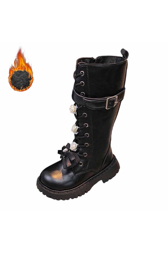 Girls Lace Up Riding Boots Mid Calf Combat Boots PU Leather Side Zipper Punk Goth Boot Black 5-6 Years