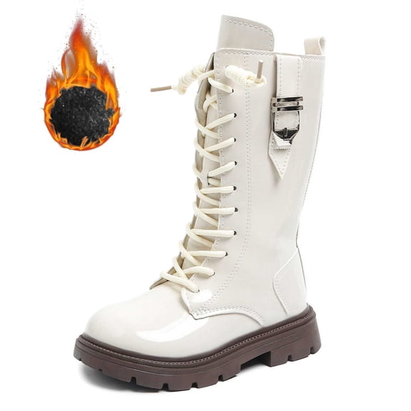 GJSYRH Girls Mid Calf Boots Flat Thick Sole Non Durable PU Leather Comfortable Walking Footwear for Kids White 5-5.5 Years