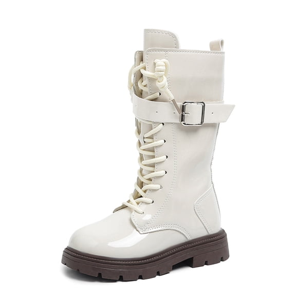 GJSYRH Girls Mid Calf Boots Lace Up Casual Boots Flat Thick Sole Non Durable PU Leather Upper Comfortable Footwear for Kids Beige 7-8 Years