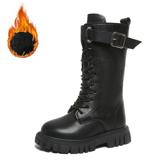 GJSYRH Girls Mid Calf Boots Lace Up Flat Thick Sole Non Durable PU Leather Comfortable Walking Footwear for Kids Black 7-8 Years