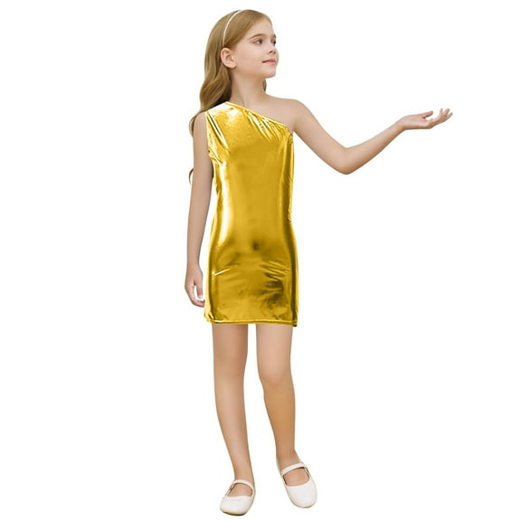 GJSYRH Girls Sequin Dress Bodycon Party Dresses Sleeveless Sparkly Dance Dress for Birthday Glitter Sequin Sleeveless Dress Featuring Round Gold 15-16Years