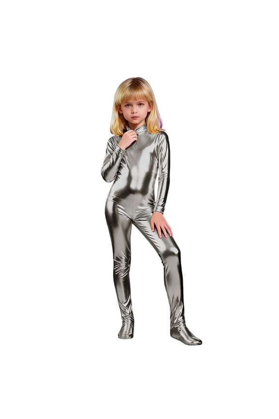 Girls Shiny Metallic Neck Unitard Long Sleeve Zipper Back One Piece Bodysuit Grey 7-8 Years
