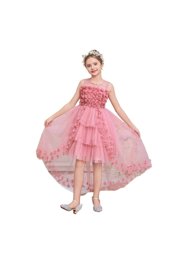 Girls Wedding Dress Long Train 3D Flowers Tail Gown for Pageant Performance Childrens Day Celebration Event Photo Pink 10-11 Years