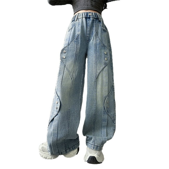 GJSYRH Girls Wide Leg Jeans Denim Trousers Featuring Unique Design Relaxed Straight Wide Leg Cut For Everyday Comfortable Wear Blue 6-7 Years