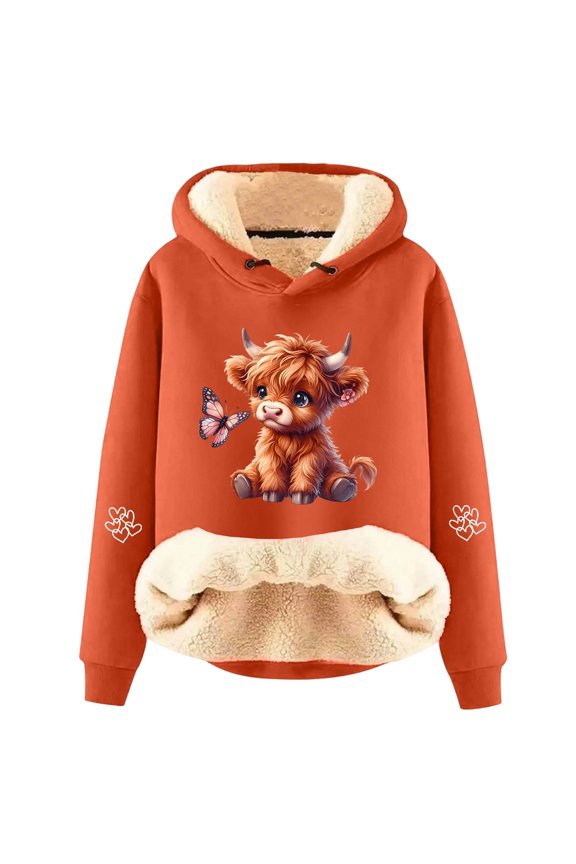 Highland Cow Womens Casual Winter Warm Sherpa Lined Hooded Sweatshirt Funny Graphic Heavyweight Pullover Orange L