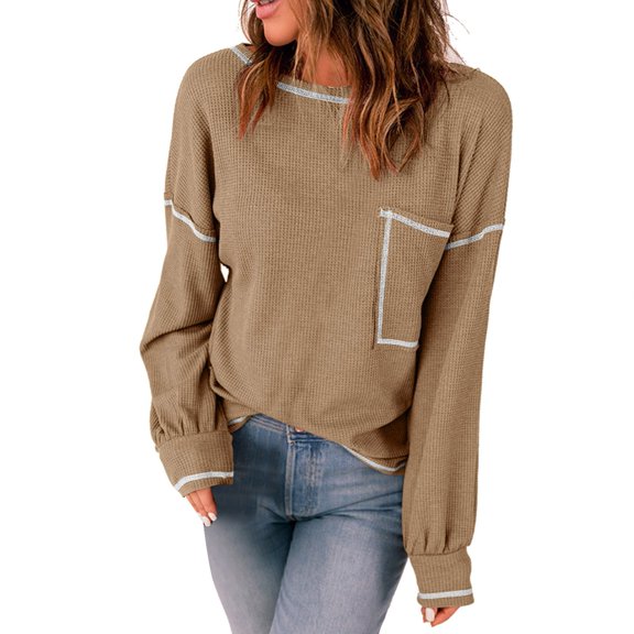 GJSYRH Hooded Sweatshirts for Womens Women's Solid Color Round Neck Knitted Long Sleeve Pocket Top Casual Comfortable Pullover Soft Stretchable