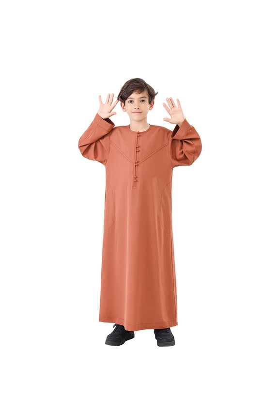 Kids Boys Muslim Arab Islamic Kaftan Embroidered Robe Solid Color Thobe Islamic Arabic Abaya Ethnic Dress With Pockets