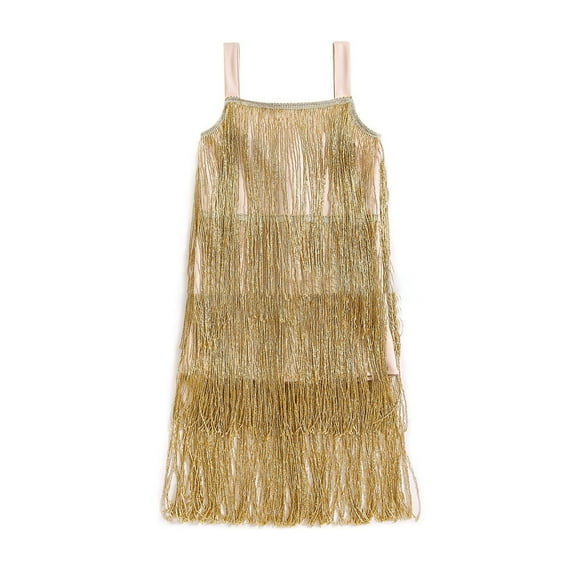 GJSYRH Kids Girls Sequin Fringe Dress Sparkling Tassel Sleeveless Dress Little Girls Dance Wear Party Latin Dance Dress Gold 3-4 Years
