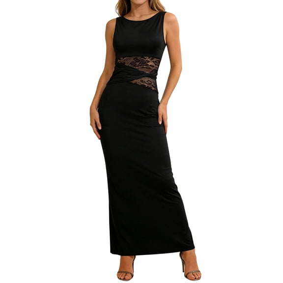 GJSYRH Lace Long Formal Wedding Guest Dress Cut Out Boat Neck Sleeveless Ruched Bodycon Maxi Dresses for Women Black L