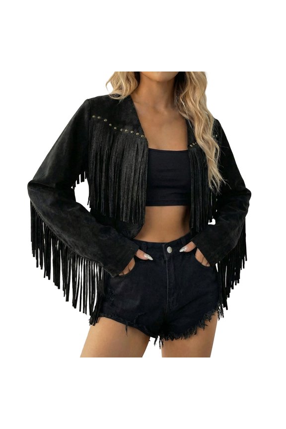 Leather Jacket Women Oversized Fringe Cropped Suede Long Sleeve Western Cowgirl Motorcycle Coat with Pockets