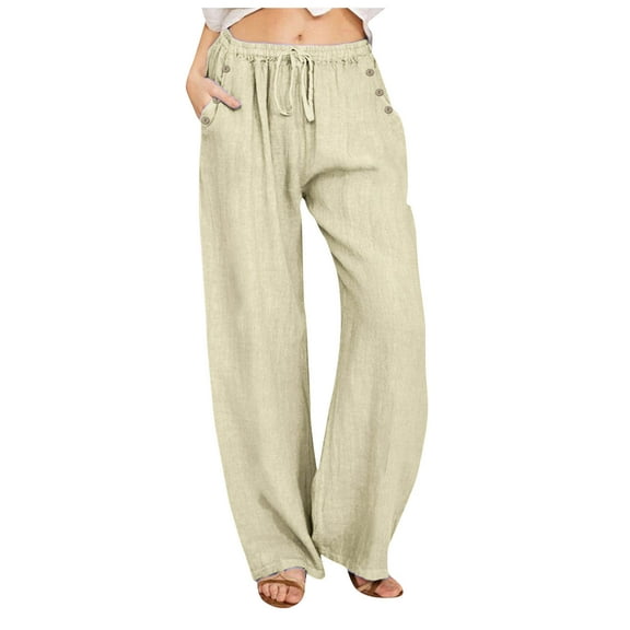 GJSYRH Linen Pants Women 2026 Summer Beach Lounge Palazzo Trousers Loose Elastic Plus Size Drawstring with Pockets Pants