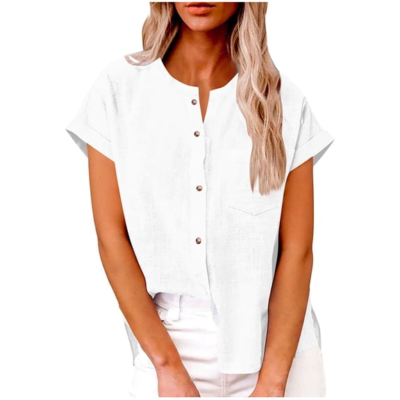GJSYRH Linen Shirts for Women Button Down Short Sleeve Tops Cotton Blouses Collared Button-up Beach Vacation Outfits White M
