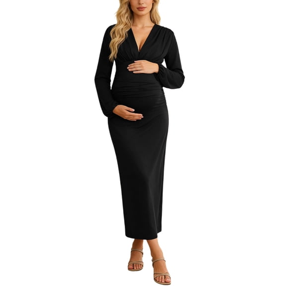 GJSYRH Long Sleeve V Neck Long Dress Bodycon Maxi Ruched Backless Tie Wedding Guest Formal Fall Dresses for Women
